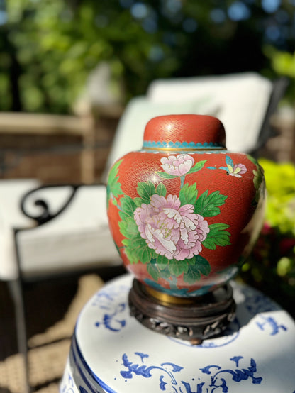 Chinese Floral Cloissone Ginger Jar with Stand