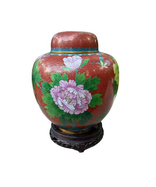 Chinese Floral Cloissone Ginger Jar with Stand