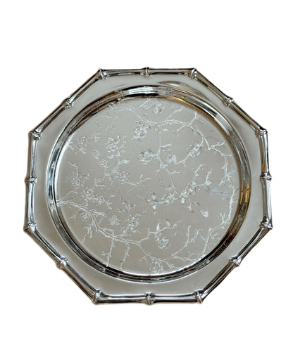 Floral Engraved, Faux Bamboo Trim Silver-Plated Tray