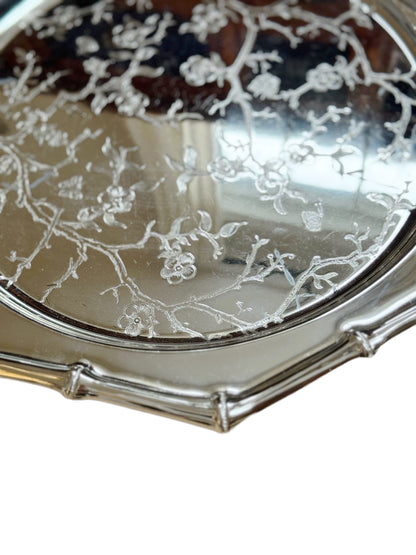 Floral Engraved, Faux Bamboo Trim Silver-Plated Tray