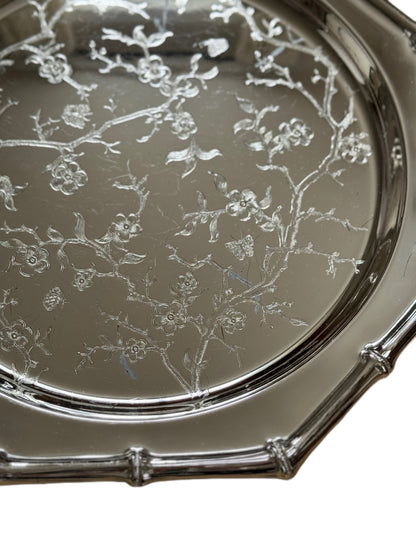 Floral Engraved, Faux Bamboo Trim Silver-Plated Tray