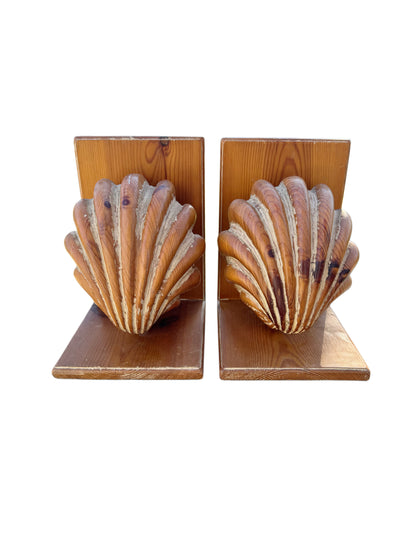 Pair of Carved Wood Shell Bookends