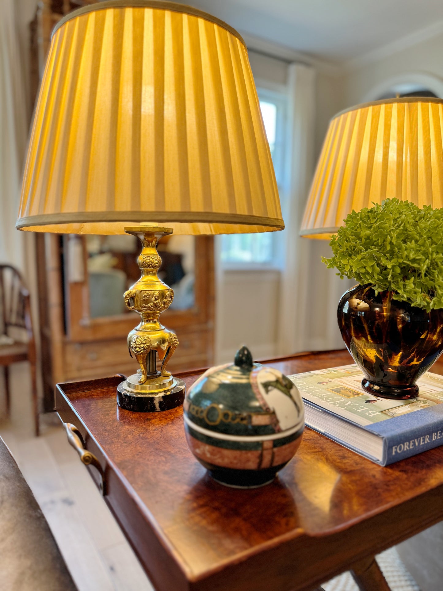 Pair of Brass Table Lamps with Marble Base