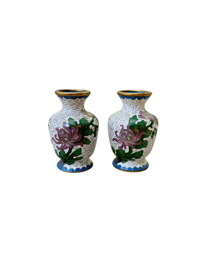 Pair of White Floral Cloisonné Vases